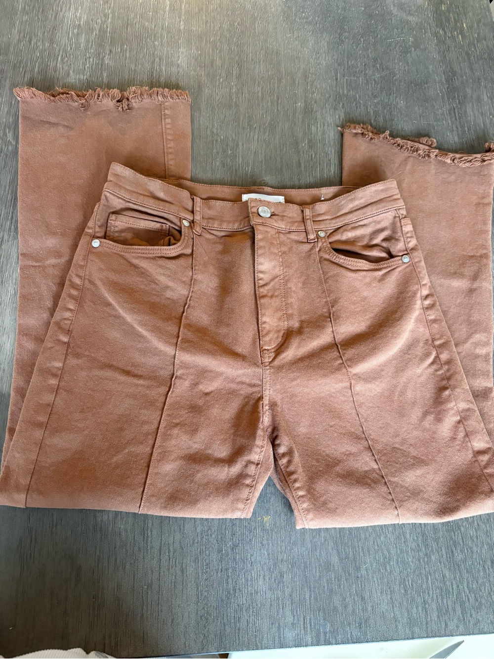 LOFT Frayed Hem Kicked Cropped Jeans in Rust